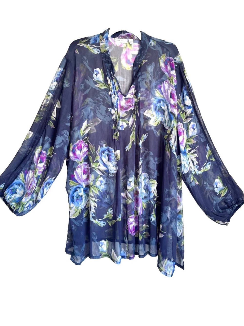 Susan Graver Blue Floral Sheer Tunic Top